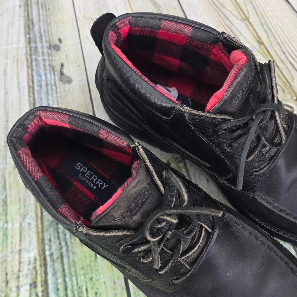 Sperry Gold Cup AO Lug Chukka Boots Mens 12 Black Leather Plaid Flannel STS23634